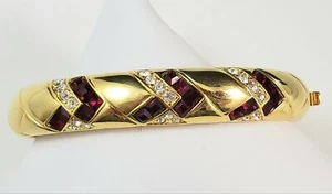 NOLAN MILLER Clear & Red Crystal Rhinestone Gold Tone Bangle Clamper Bracelet - Picture 1 of 8