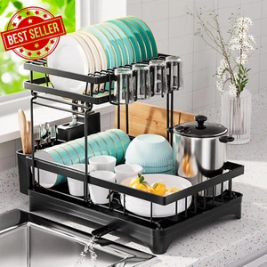 2-Tier Dish Drying Rack 360° Rotating Drainer Carbon Steel Utensil Holder Black - Picture 1 of 12