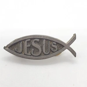 Jesus Fish Pin Pewter Tone Double Pinback - Picture 1 of 3