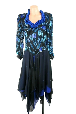 De Colección Vestido de Salsa de Noche Hecho a Mano Manga de Obispo Pañuelo Dobladillo Lentejuelas Baile de graduación XS/S Foto 1 de 4