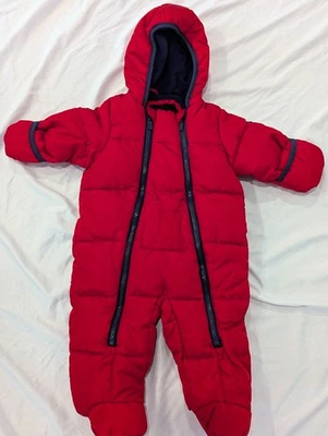 DKNY Infant Snowsuit 6-9 Months Red Navy Fleece Zipper Mittens Footed Winter  - Image 1 of 4