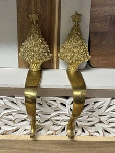 2- Vintage Brass Christmas Tree Christmas Stocking Holder Hanger Hook Brass - Picture 1 of 5