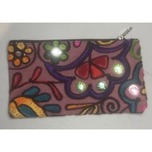Indian Embroidered Boho Hippy Purse Coin Wallet Makeup Bag Pouch Flowers Pink - Picture 1 of 3