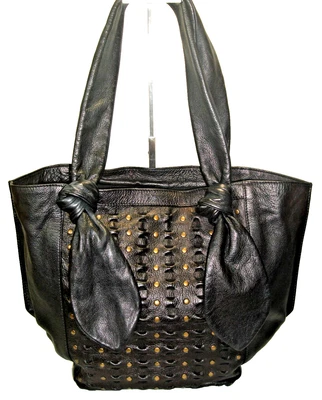 Frye Jade Black Soft Perforated Leather Studded + Bows Tote Shoulder Bag Nr MINT - Image 1 of 4
