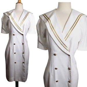 Vestido Náutico Leslie Fay De Colección Años 80 Para Mujer Mediano Marinero Capitán Mezcla Rayón - Imagen 1 de 7