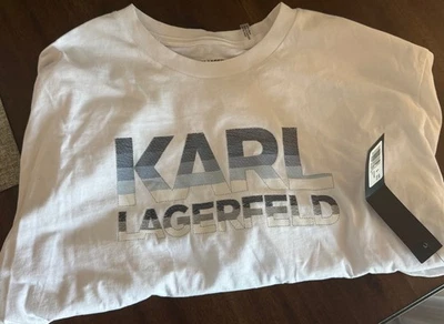 KARL LAGERFELD Men’s Short Sleeve T-Shirt Paris Size Large White w/Blue, Black - Image 1 of 3