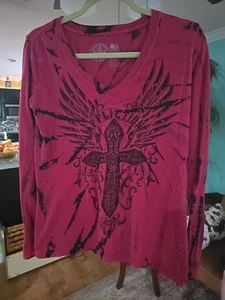 AFFLICTION Womens Long Sleeve T-Shirt SAPPHIRE LAKE Red Wings Cross M Medium - Picture 1 of 4