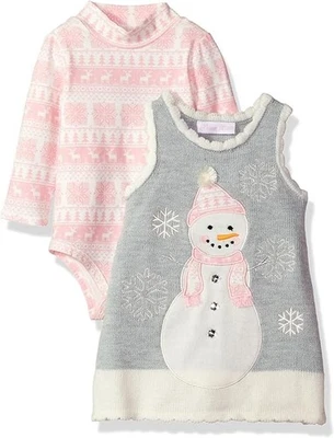 Bonnie Jean Bebé Niñas Navidad Muñeco de Nieve Gris Rosa Suéter Jersey Vestido Conjunto Foto 1 de 4