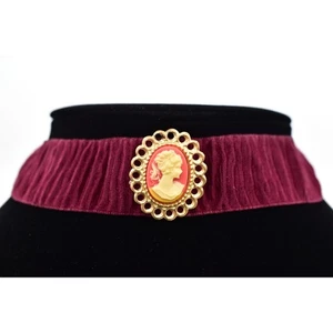 Vintage Cameo Choker Necklace Pendant Burgundy Ribbon Fabric Gold NOS 1990s A23 - Picture 1 of 12