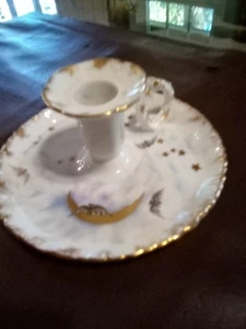 Antiker Porzellan Kammerleuchter Kerzenhalter CFM GDM FRANKREICH mit Mond, Stern, Fledermaus - Bild 1 von 6