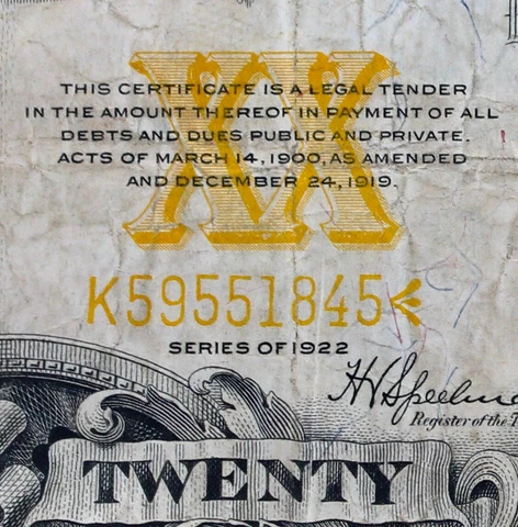 $20 1922 large Gold Certificate K59551845 Fr.1187, KL564, twenty dollar Cover