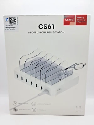 SooPii 6-Port USB Charging Station CS61 Premium Multiple Devices White Base - Image 1 of 4