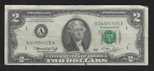 1976 USA $2 Two Dollar Bill Series (A) Number A04654525A Circulated Condition - Picture 1 of 2