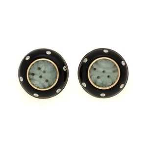 Trianian I Magnin Diamond Jade Onyx 14k Yellow Gold Round Post Clip Earrings - Picture 1 of 4