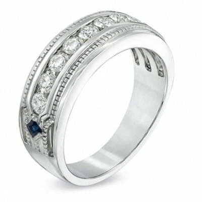 Vera Wang Collection Unisex 1/2Cttw Round CZ & Sapphire Wedding 925 Silver Band - Image 1 of 3
