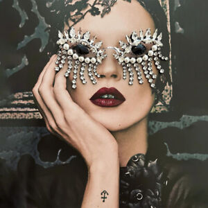 Women Rhinestone Eye Glass Frame Tassel Pearl Face Mask Chain Sexy Bling 17021