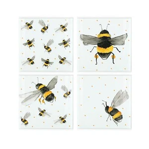 Scattered Bees Glass Coaster Set - Bumblebees Set of Four Square Coasters Gift - Picture 1 of 2