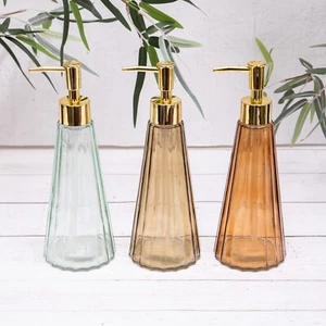 Seifenflasche Lotionspender Glas gerippt bernstein grün braun nachfüllbar gold Pumpe - Bild 1 von 6