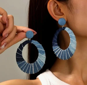 Pierced 3 3/4" XL silver and multi colored shade blue jean hoop earrings - Picture 1 of 4