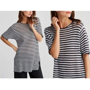 Eileen Fisher Organic Linen Knit Stripe Round Neck Short Sleeve Tunic Top M - Picture 1 of 10