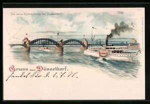 Lithographie Düsseldorf, neue Rheinbrücke mit Dampfer 1899 - Picture 1 of 2