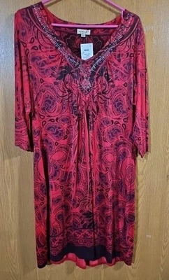 One World Live Let Live Dress Raspberry Red/blk PAISLEY Print Stretch Size 1X - Image 1 of 4