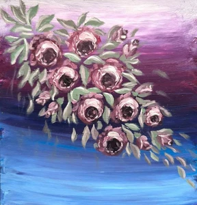 Original Artwork Acryl+Oil Painting DUSTY PINK VINTAGE Flowers Rose Floral 7x8in - Picture 1 of 10