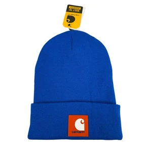 Carhartt Knit Rubber Patch Logo Beanie Hat Cap One Size Blue AH6920-M NWT - Picture 1 of 4