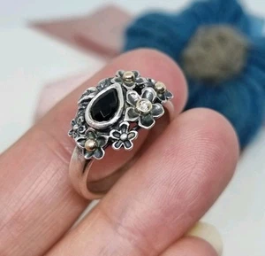 Anillo Pandora Genuino Gota de Rocío en Flores Ónix Negro y Diamante 💕 Talla 54 - Imagen 1 de 12