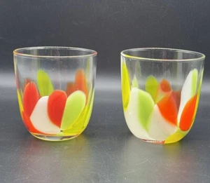 HAND BLOWN TUMBLERS 12oz DOF Fused Glass Colorful Barware Set of 2 - Picture 1 of 8