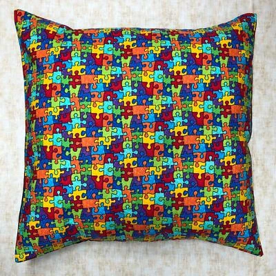 Jigsaw Puzzle Piece Cushion Cover Case fits 18" x18" 100% Cotton Fabric Rainbow - Image 1 of 2
