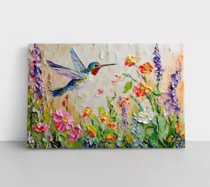 Bonita impresión de pintura sobre lienzo de arte de pared de colibrí y flores silvestres de primavera - Imagen 1 de 11