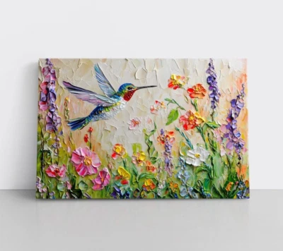 Колибри и весенние полевые цветы красивая живопись печать на холсте настенное искусство декор - Изображение 1 из 4