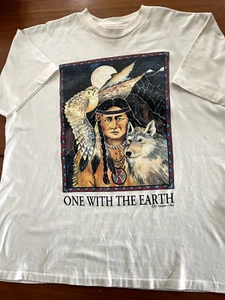 T-Shirt 'One with the Earth' Indian, wolf and owl printed beige Tee XL - Picture 1 of 4