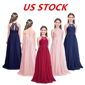Girls Halter Lace Chiffon Flower Dress Junior Wedding Bridesmaid Maxi Gown - Picture 1 of 91