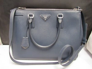 PRADA 1BA274 Galleria Baltico Navy Saffiano Leather Medium Double Zip Tote Bag - Picture 1 of 8