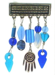 Pin -Silvery impressed Bar & Blue Glass & Metal Dangles - Picture 1 of 1