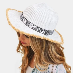 Sombrero de Paja Azteca Borde Deshilachado para Mujer Verano Estilo Boho Playa Sol Sombrero Blanco - Imagen 1 de 6