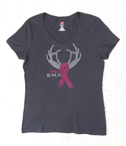 T-Shirt Women's Gray Breast Cancer Awareness Save A Rack Deer Horns Rhinestones - Picture 1 of 5