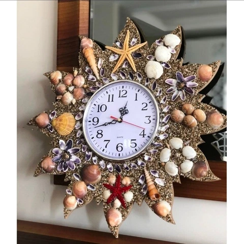 Sea Star Art Wooden Wall Clock Seashells Decorated Quartz Silent Clock Mechanism Cover