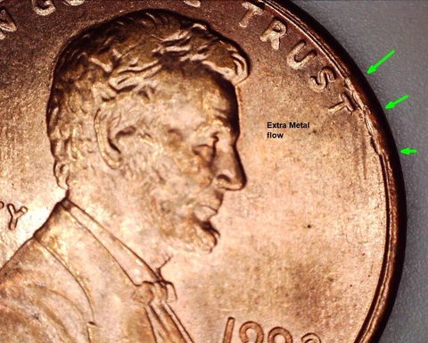 1992 D  Lincoln Penny - Extra Metal Flow on obverse rim to "T" Cover