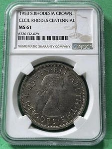 1953 S.RHODESIA CROWN Cecil Rhodes Centennial NGC MS61 50% Silver 125k Minted - Picture 1 of 2