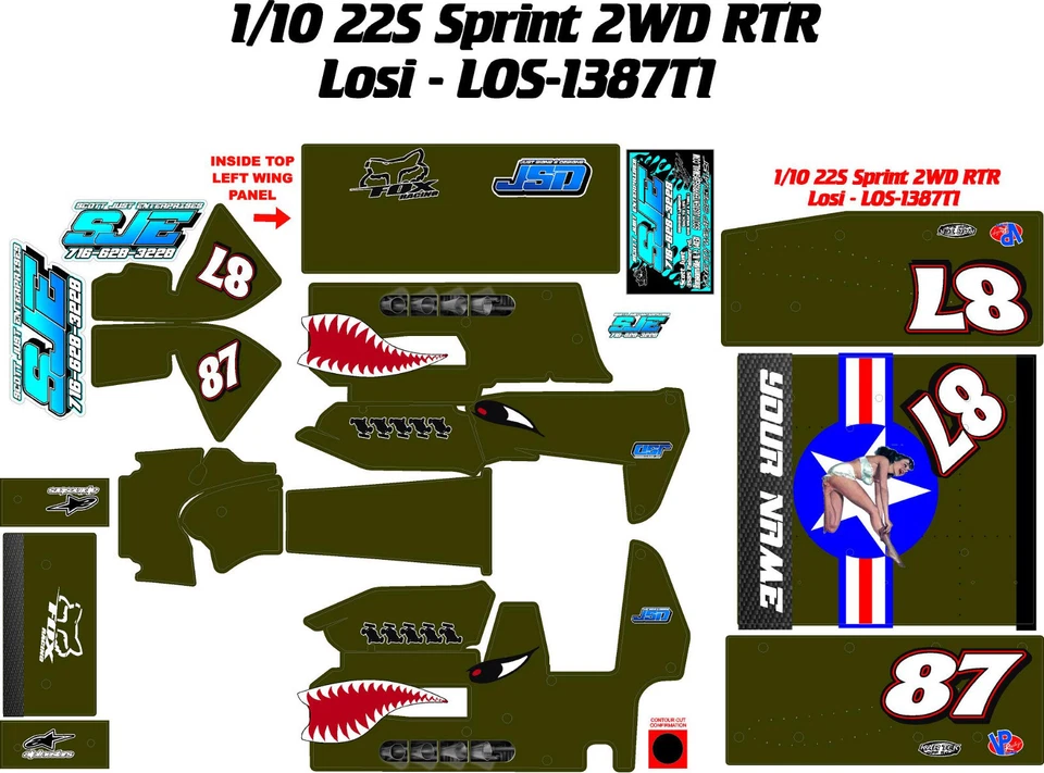 TEAM LOSI 22S  1X10 SPRINT LOS-1387T1  GREEN WARPLANE  DECAL WRAP KIT - Image 1 of 1