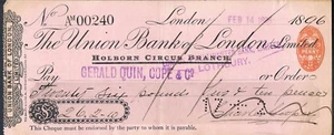 CHEQUE THE UNION BANK OF LONDON LIMITADO 1896 RAMA DE CIRCO HOLBORN - Imagen 1 de 2