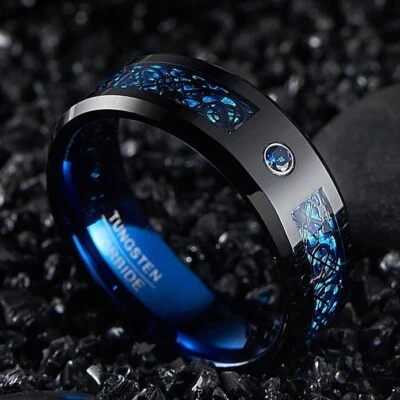 8mm Tungsten Celtic Dragon Men Rings Blue Carbon Fiber Wedding Band Comfort Fit - Image 1 of 4