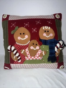 Gingerbread Family Christmas Holiday Textured Throw Pillow Red Blue Green - Picture 1 of 5