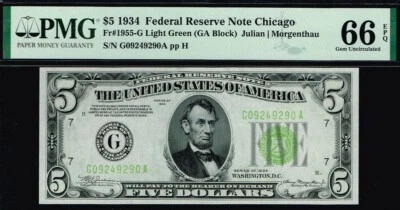 CHICAGO LGS.  LIGHT GREEN SEAL. $5 1934 Chicago FRN. Fr. 1955-G. PMG 66 EPQ - Image 1 of 3