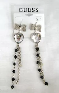NEW GUESS SILVER TONE+BLACK BEAD MULTI STRAND HEART+BOW EARRINGS, FISH HOOK BACK - Picture 1 of 2