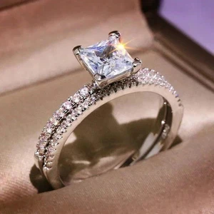 2 Ct Princess Cut Moissanite Wedding Bridal Set Ring Band 14K White Gold Plated - Picture 1 of 7