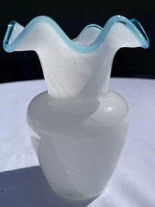 Vintage Hand Blown Art Glass Decorative Flower Vase White Swirl Aqua Crest 6” - Picture 1 of 7
